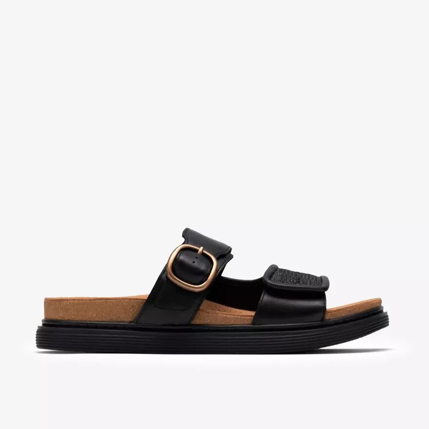 Arwell Step – flache Damensandalen aus schwarzem Leder Arwell Step – flache Damensandalen aus schwarzem Leder