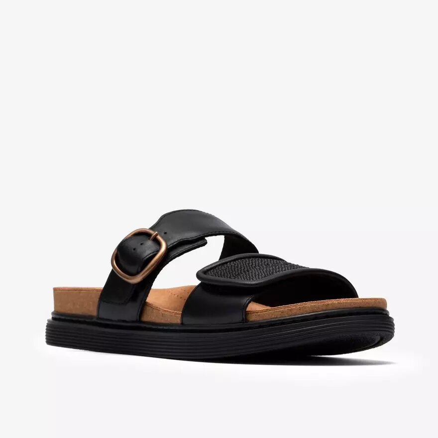Arwell Step – flache Damensandalen aus schwarzem Leder Arwell Step – flache Damensandalen aus schwarzem Leder