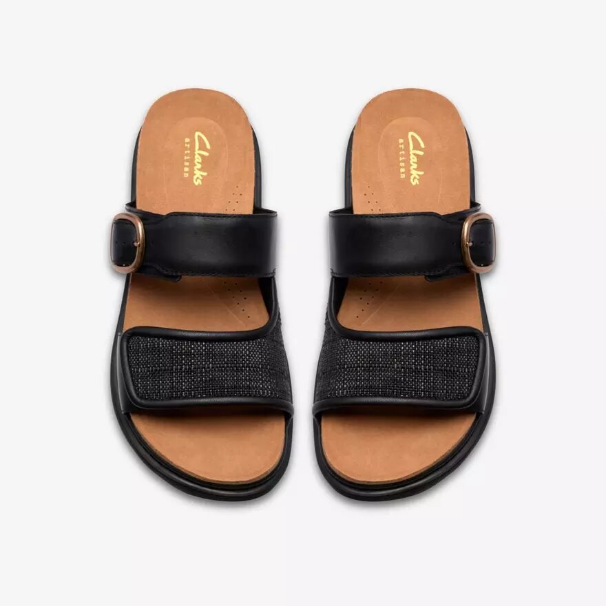 Arwell Step – flache Damensandalen aus schwarzem Leder Arwell Step – flache Damensandalen aus schwarzem Leder
