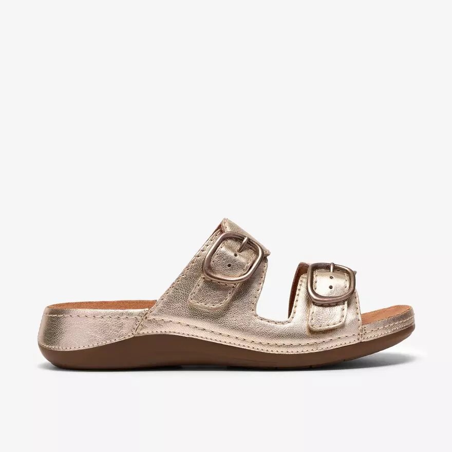 Damen-Flache Sandalen „Cecily Step“ aus champagnerfarbenem Leder Damen-Flache Sandalen „Cecily Step“ aus champagnerfarbenem Leder