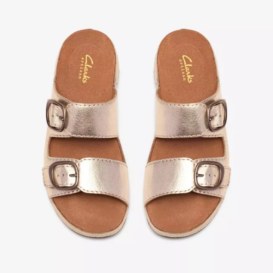 Damen-Flache Sandalen „Cecily Step“ aus champagnerfarbenem Leder Damen-Flache Sandalen „Cecily Step“ aus champagnerfarbenem Leder