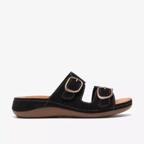 Damen-Flache Sandalen „Cecily Step“ aus schwarzem Nubukleder