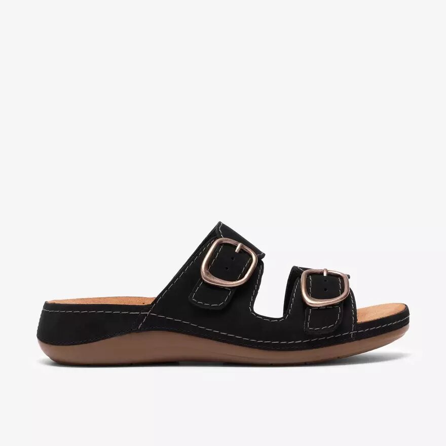 Damen-Flache Sandalen „Cecily Step“ aus schwarzem Nubukleder Damen-Flache Sandalen „Cecily Step“ aus schwarzem Nubukleder
