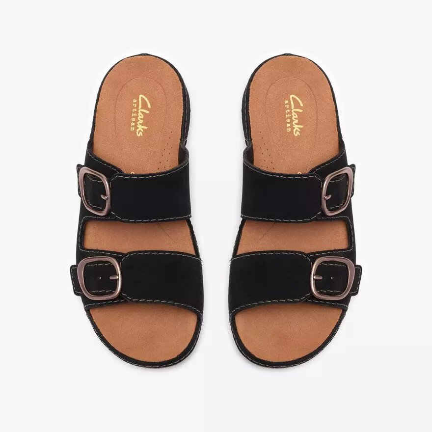 Damen-Flache Sandalen „Cecily Step“ aus schwarzem Nubukleder Damen-Flache Sandalen „Cecily Step“ aus schwarzem Nubukleder