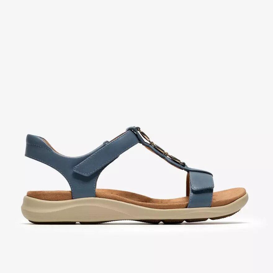 Damen-Flache Sandalen „Kitly Gem“ aus denimblauem Leder Damen-Flache Sandalen „Kitly Gem“ aus denimblauem Leder