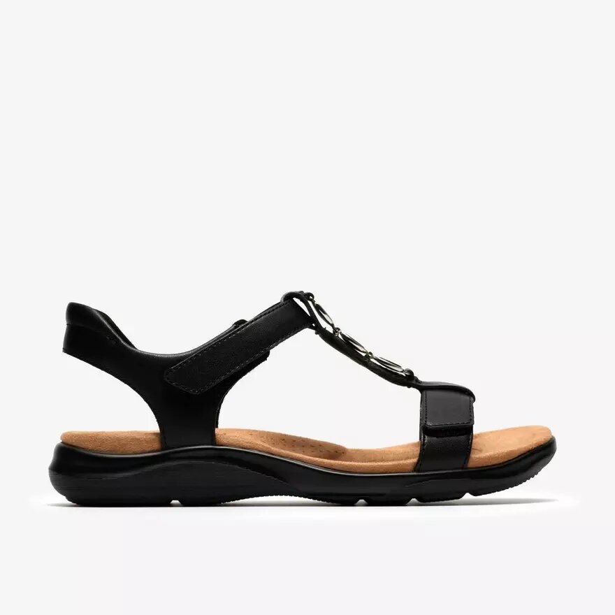 Damen-Flache Sandalen „Kitly Gem“ aus schwarzem Leder Damen-Flache Sandalen „Kitly Gem“ aus schwarzem Leder