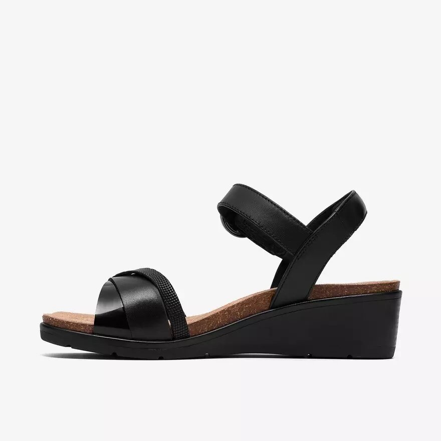Damen-Kacha-Twist-Keilabsatz-Sandaletten aus schwarzem Leder Damen-Kacha-Twist-Keilabsatz-Sandaletten aus schwarzem Leder