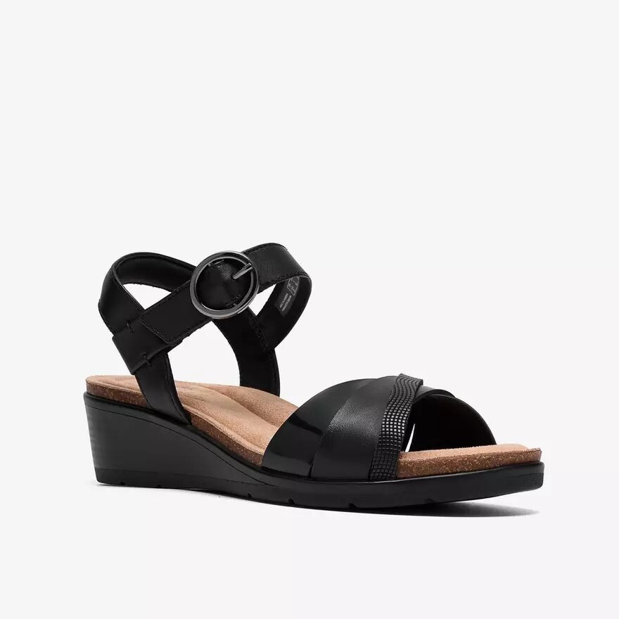 Damen-Kacha-Twist-Keilabsatz-Sandaletten aus schwarzem Leder Damen-Kacha-Twist-Keilabsatz-Sandaletten aus schwarzem Leder
