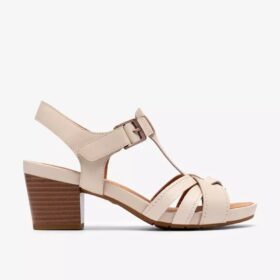 Damen-Sandalen „Kymber Glow“ aus cremefarbenem Leder mit Absatz