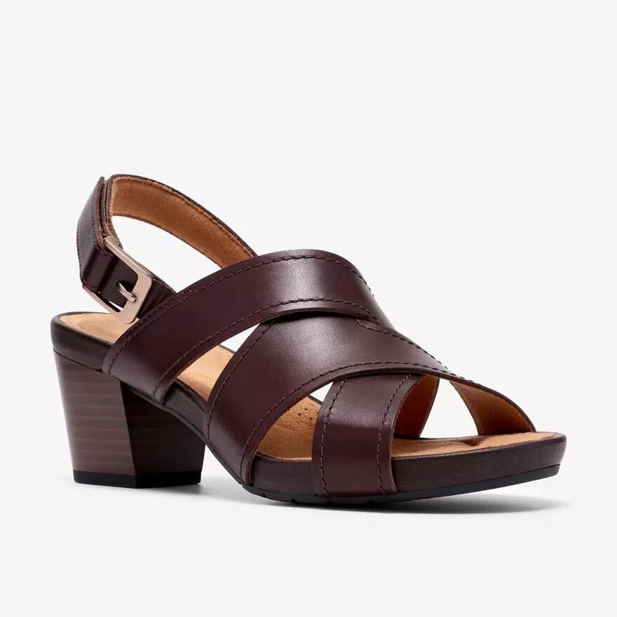 Damen-Sandalen „Kymber Shine“ aus dunkelbraunem Leder mit Absatz Damen-Sandalen „Kymber Shine“ aus dunkelbraunem Leder mit Absatz