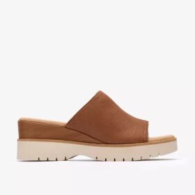 Diaz Slide Damen-Keilabsatz-Sandalen aus hellbraunem Leder
