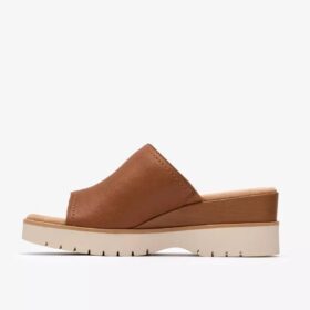 Diaz Slide Damen-Keilabsatz-Sandalen aus hellbraunem Leder