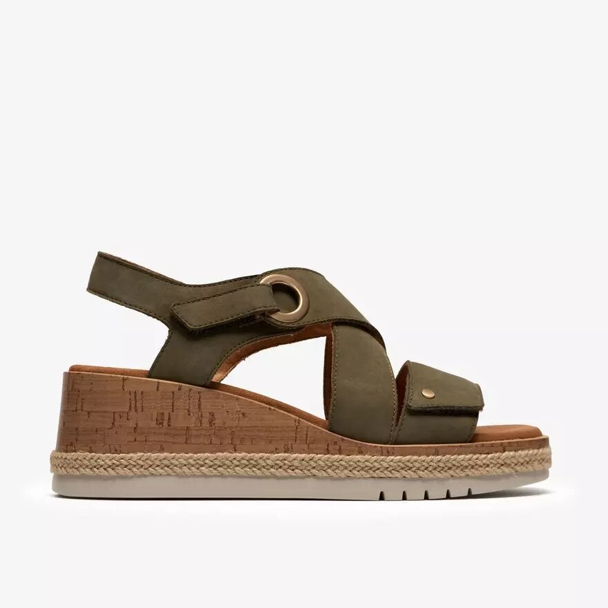 Kidiki Sun Damen-Keilabsatz-Sandalen aus Nubukleder in Dunkeloliv Kidiki Sun Damen-Keilabsatz-Sandalen aus Nubukleder in Dunkeloliv